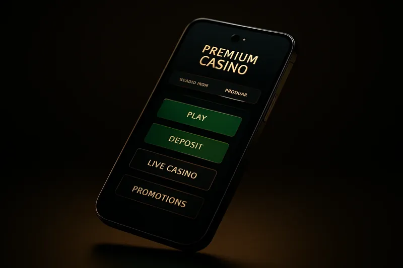 Premium Casino App Modern smartphone showing dark premium casino app with green accents