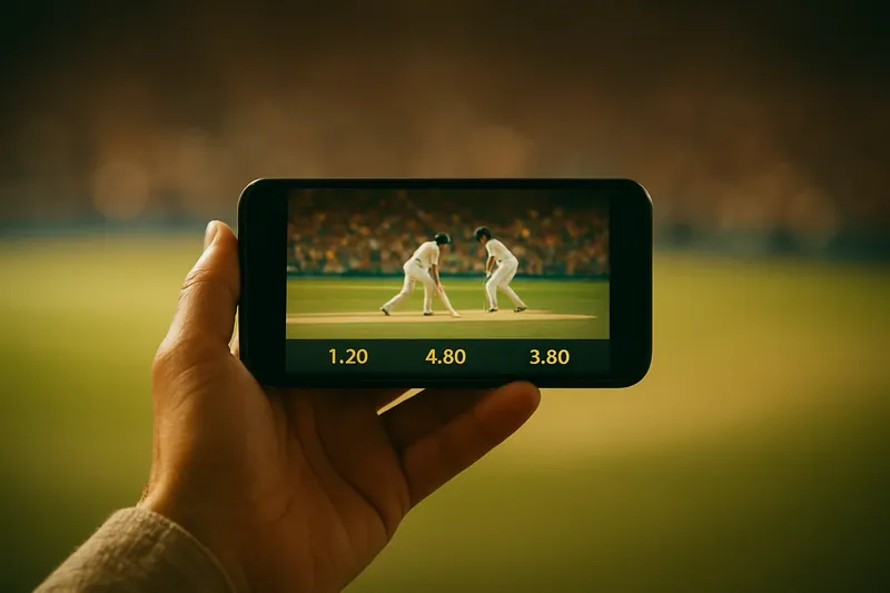 Live Cricket Odds Hand holding smartphone showing live cricket match and real-time odds