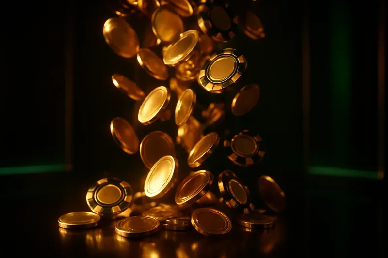Golden Coin Cascade Golden coins and casino chips falling with green neon lighting