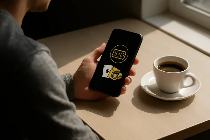 Person at cafe table using smartphone with dark casino app and coffee cup