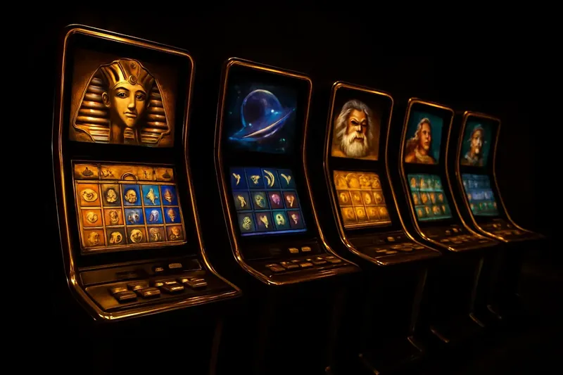 Modern Slot Machine Bank Five video slot screens with vivid themes and neon lighting